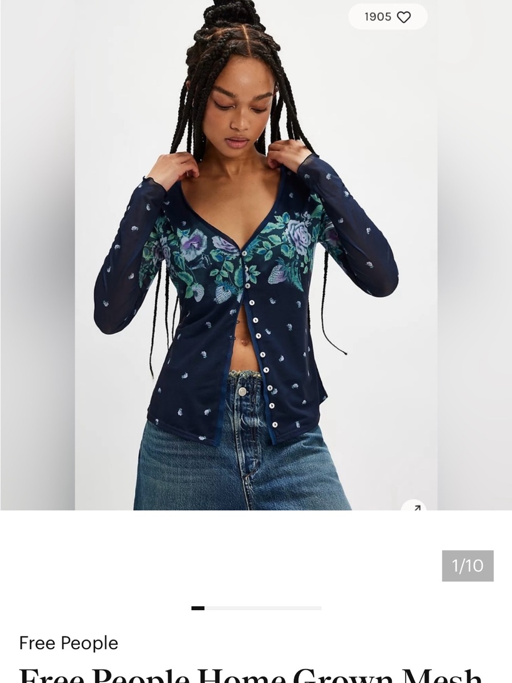 Free People Navy Floral Embroidered Mesh Button-Up